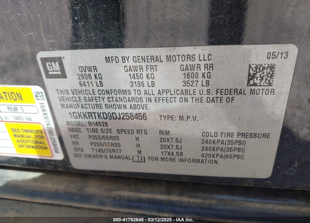 2013 GMC ACADIA VIN: 1GKKRTKD9DJ258456