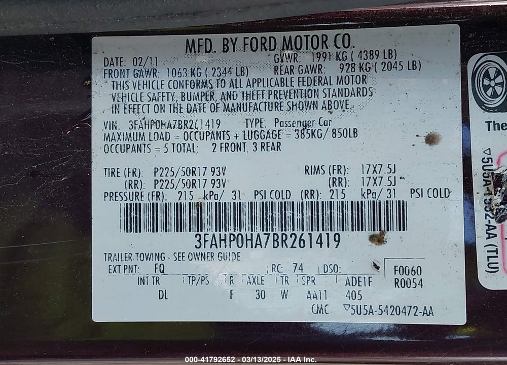 2011 FORD FUSION VIN: 3FAHP0HA7BR261419