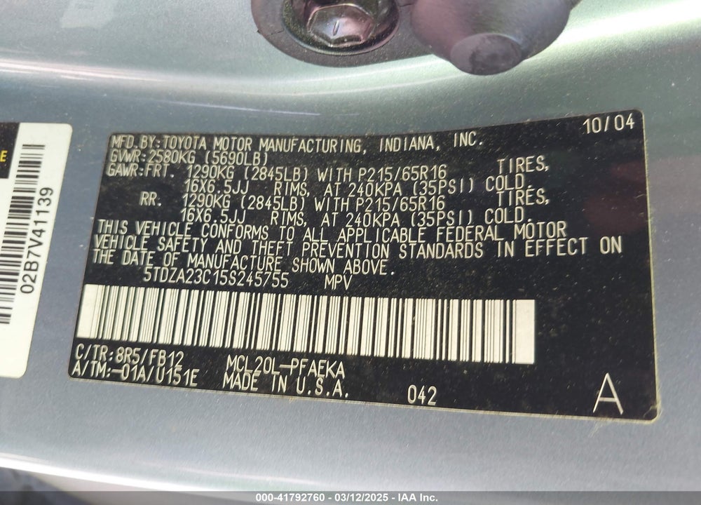 2005 TOYOTA SIENNA VIN: 5TDZA23C15S245755