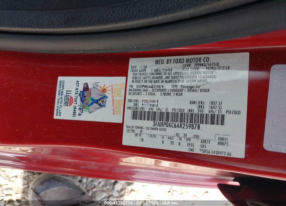 2010 FORD FUSION SPORT VIN: 3FAHP0KC6AR259878