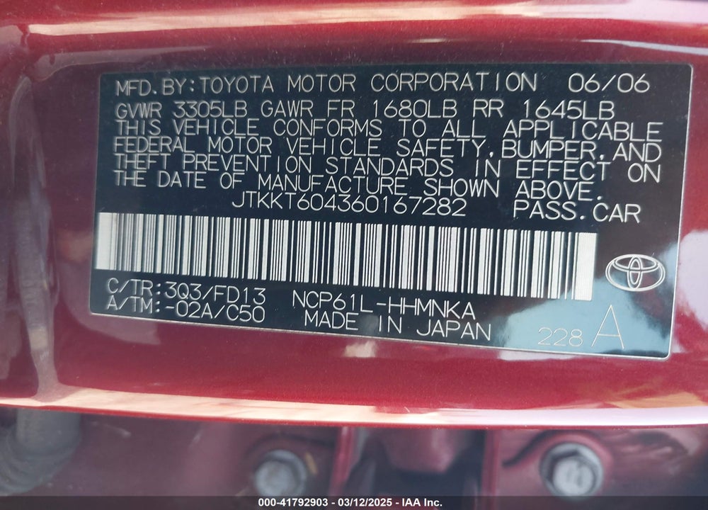 2006 SCION XA VIN: JTKKT604360167282