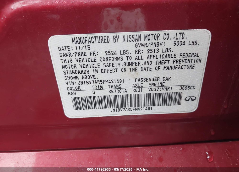 2015 INFINITI Q50 VIN: JN1BV7AR5FM421491