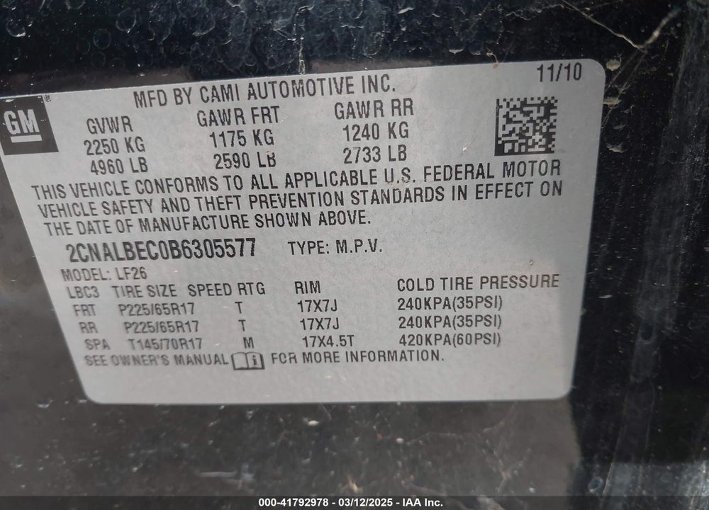 2011 CHEVROLET EQUINOX VIN: 2CNALBEC0B6305577