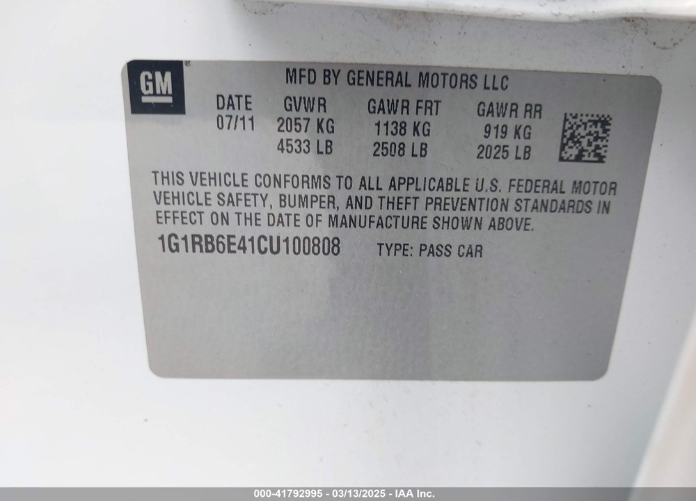 2012 CHEVROLET VOLT VIN: 1G1RB6E41CU100808