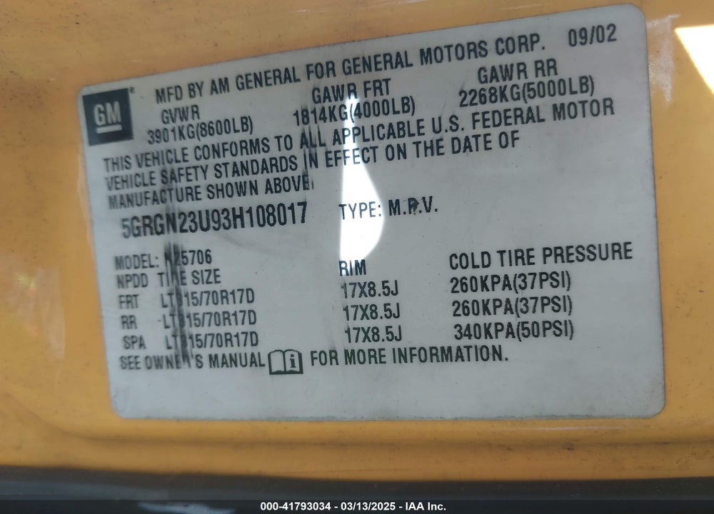 2003 HUMMER H2 VIN: 5GRGN23U93H108017