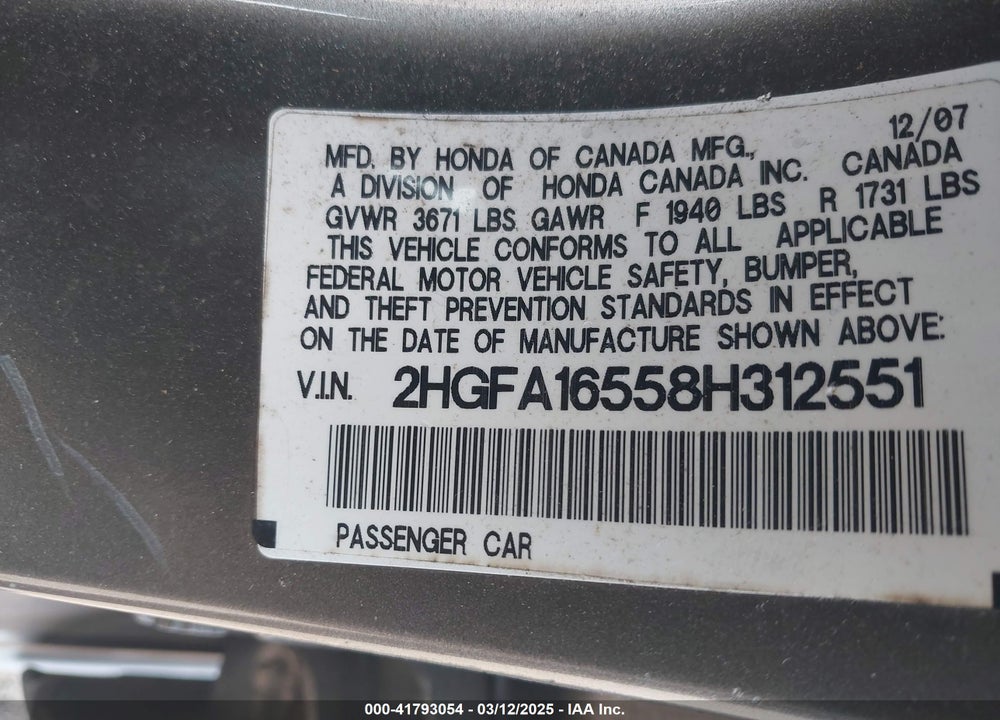 2008 HONDA CIVIC VIN: 2HGFA16558H312551