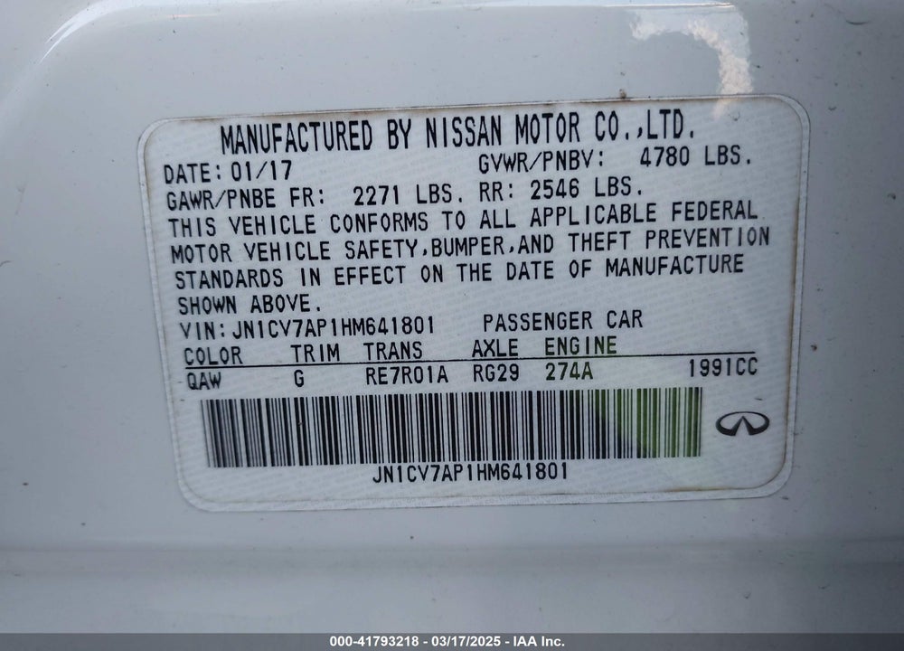 2017 INFINITI Q50 2.0T BASE VIN: JN1CV7AP1HM641801