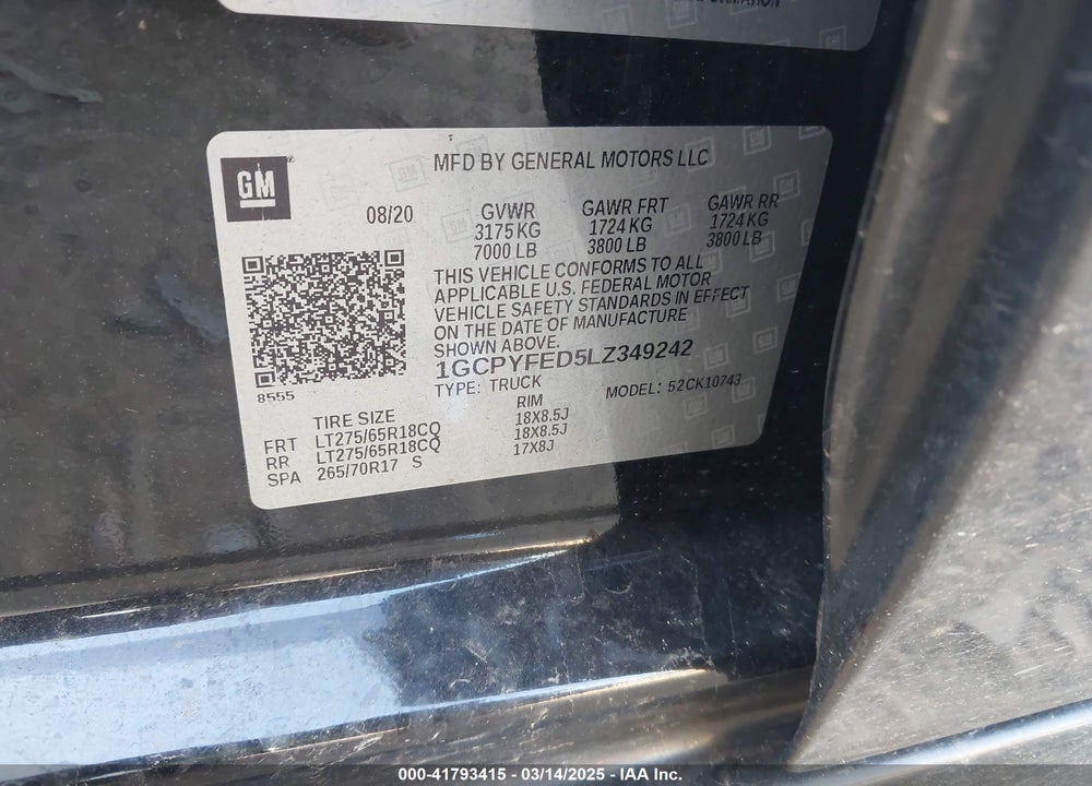 2020 CHEVROLET SILVERADO VIN: 1GCPYFED5LZ349242