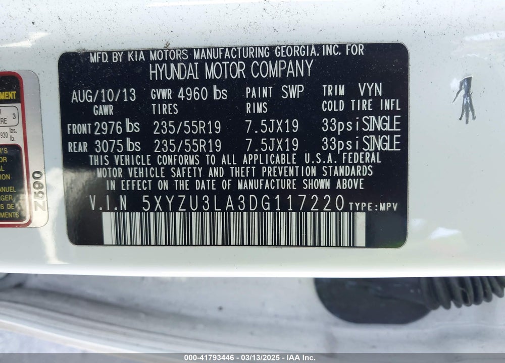 2013 HYUNDAI SANTA FE VIN: 5XYZU3LA3DG117220