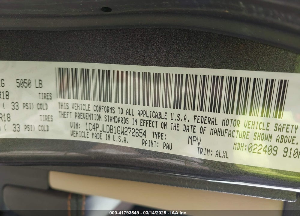 2016 JEEP CHEROKEE VIN: 1C4PJLDB1GW272654