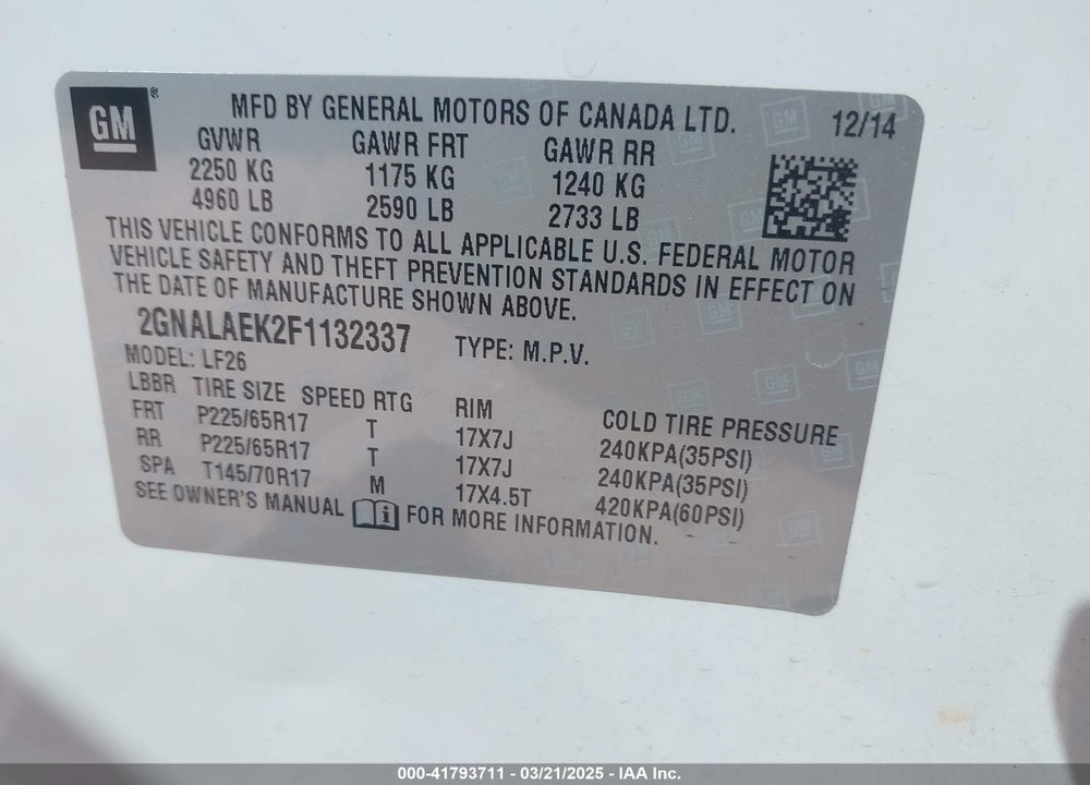 2015 CHEVROLET EQUINOX LS VIN: 2GNALAEK2F1132337