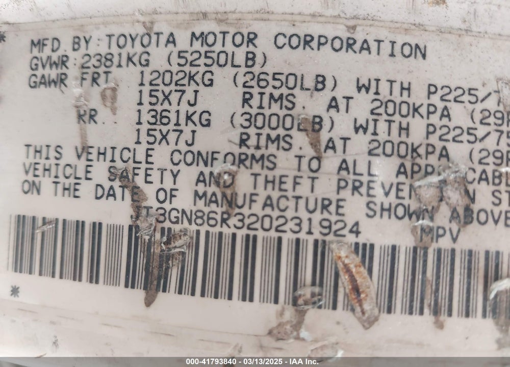 2002 TOYOTA 4RUNNER SR5 V6 VIN: JT3GN86R320231924