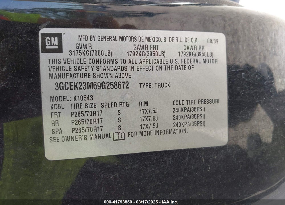 2009 CHEVROLET SILVERADO VIN: 3GCEK23M69G258672
