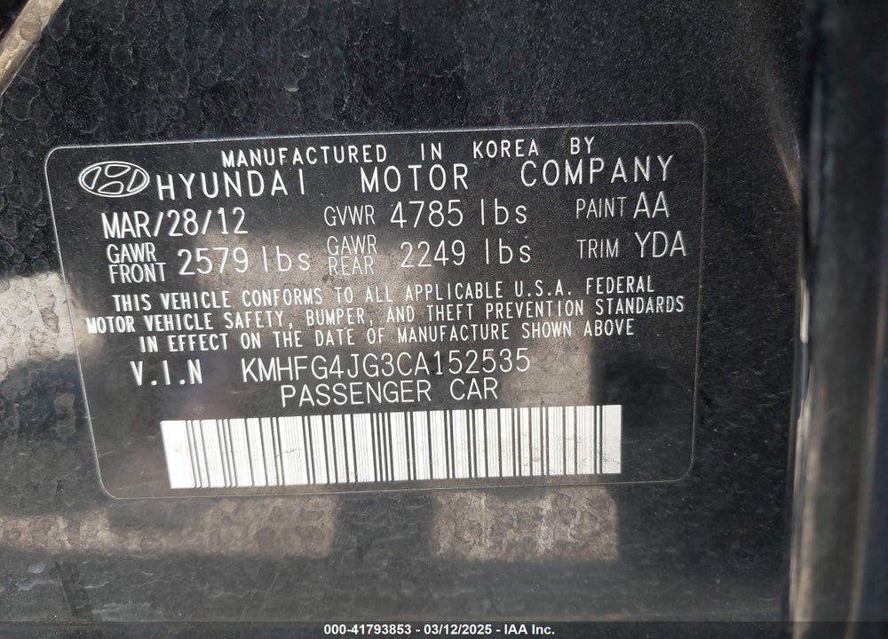 2012 HYUNDAI AZERA VIN: KMHFG4JG3CA152535