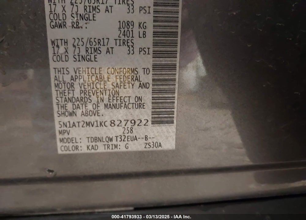 2019 NISSAN ROGUE SV VIN: 5N1AT2MV1KC827922