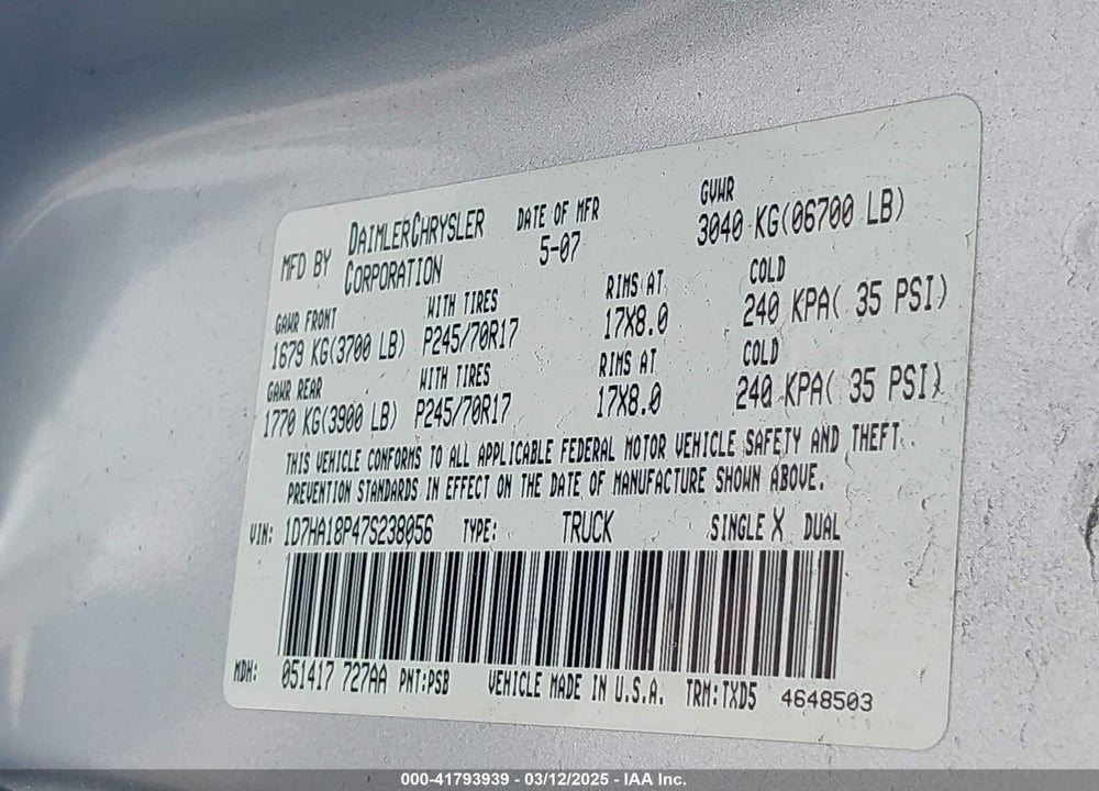 2007 DODGE RAM 1500 VIN: 1D7HA18P47S238056