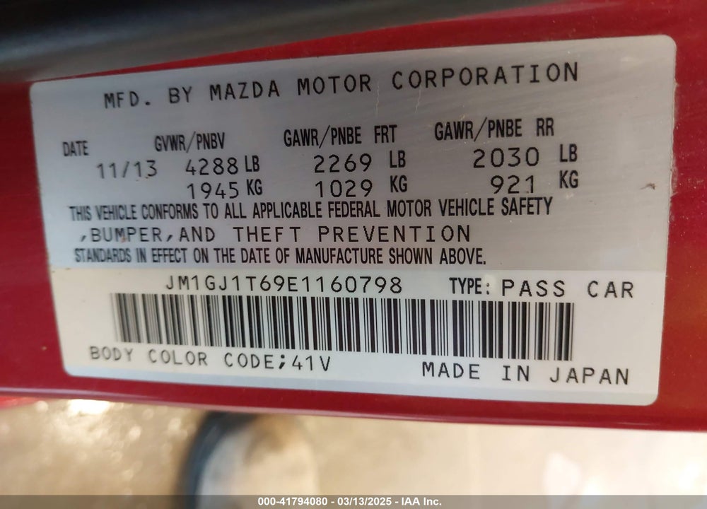 2014 MAZDA 6 I TOURING VIN: JM1GJ1T69E1160798