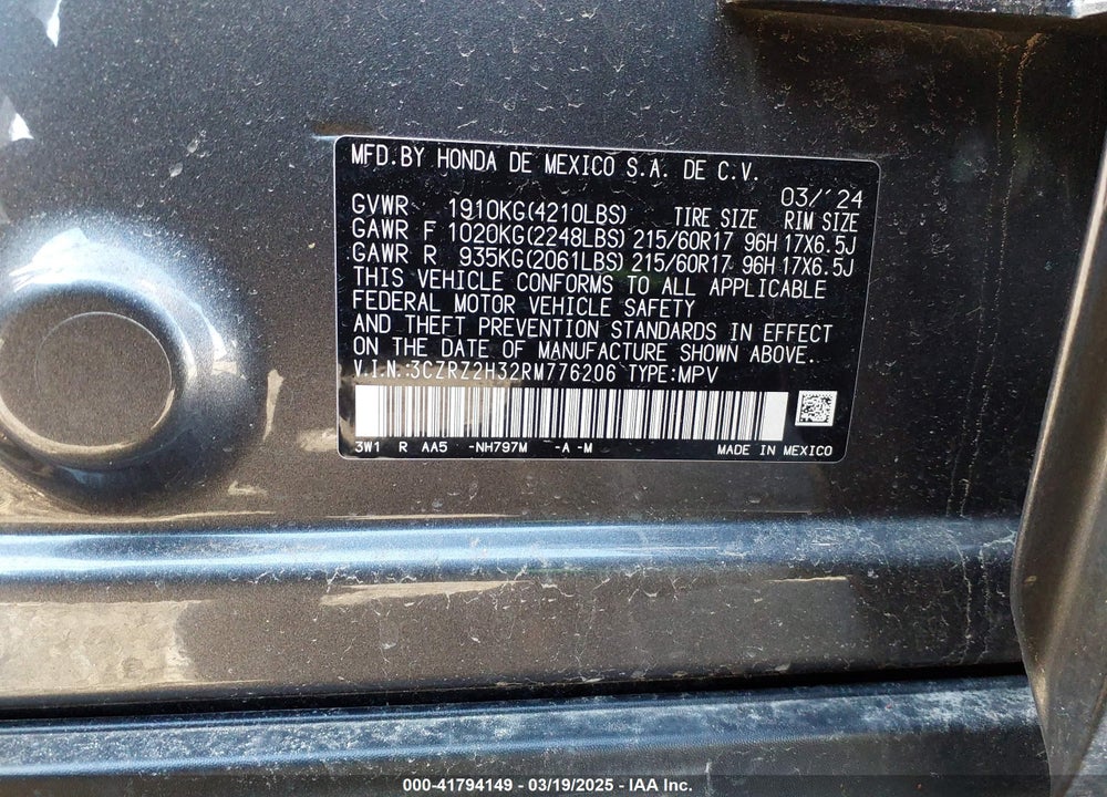 2024 HONDA HR-V VIN: 3CZRZ2H32RM776206