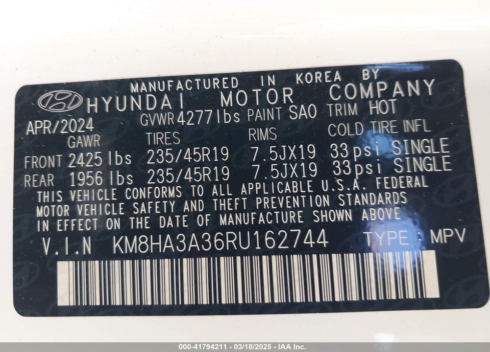 2024 HYUNDAI KONA VIN: KM8HA3A36RU162744