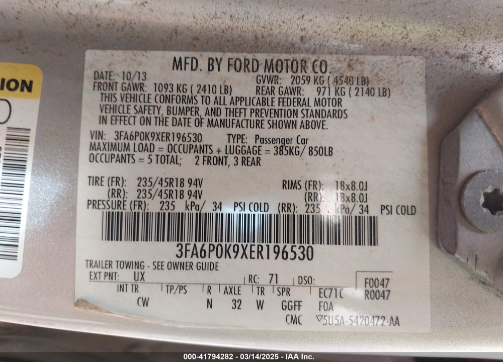2014 FORD FUSION TITANIUM VIN: 3FA6P0K9XER196530