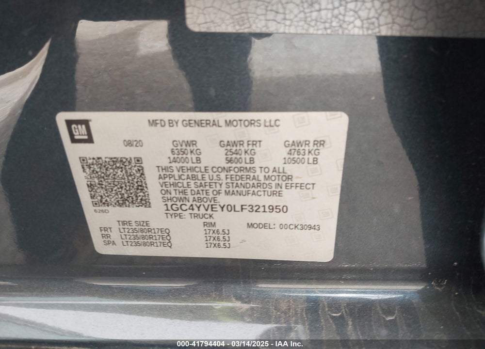 2020 CHEVROLET SILVERADO 3500HD 4WD  LONG BED HIGH COUNTRY VIN: 1GC4YVEY0LF321950