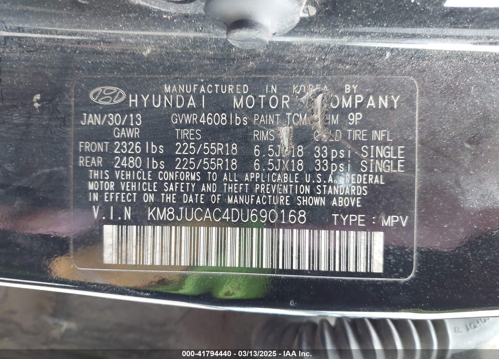 2013 HYUNDAI TUCSON VIN: KM8JUCAC4DU690168