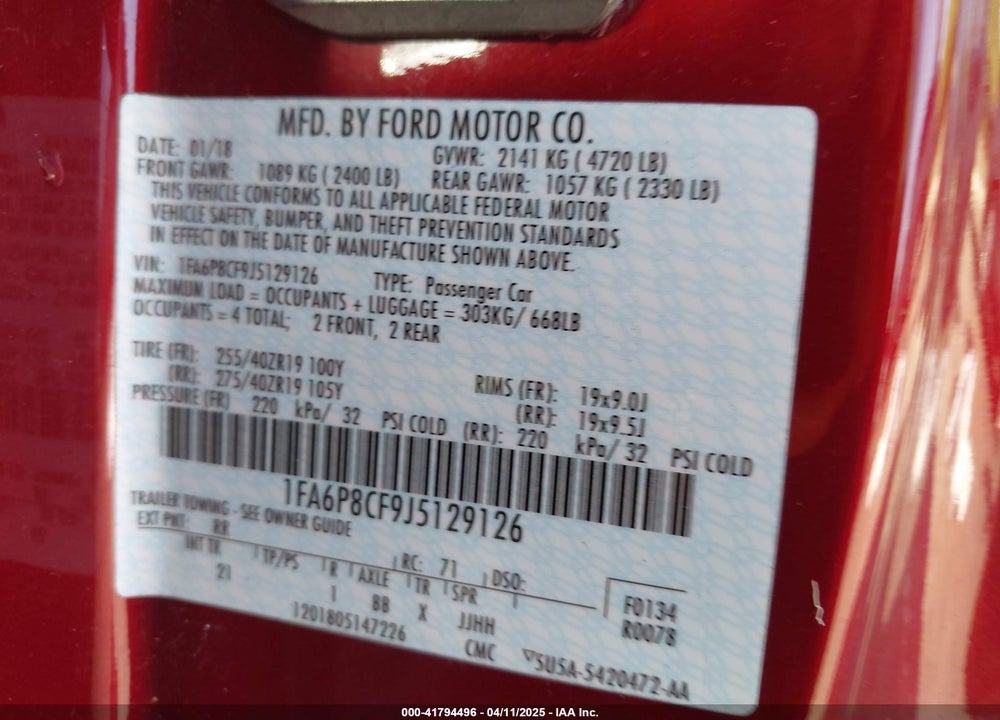 2018 FORD MUSTANG GT VIN: 1FA6P8CF9J5129126