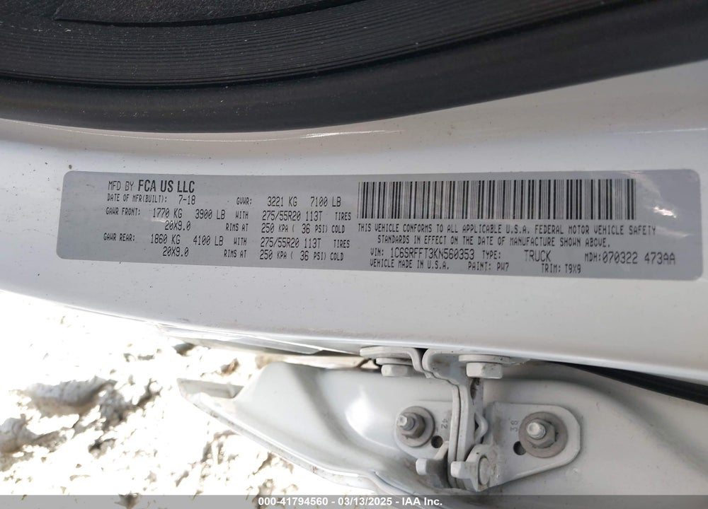 2019 RAM 1500 VIN: 1C6SRFFT3KN560353
