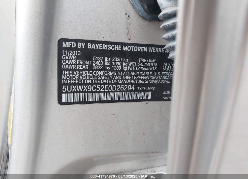 2014 BMW X3 VIN: 5UXWX9C52E0D26294