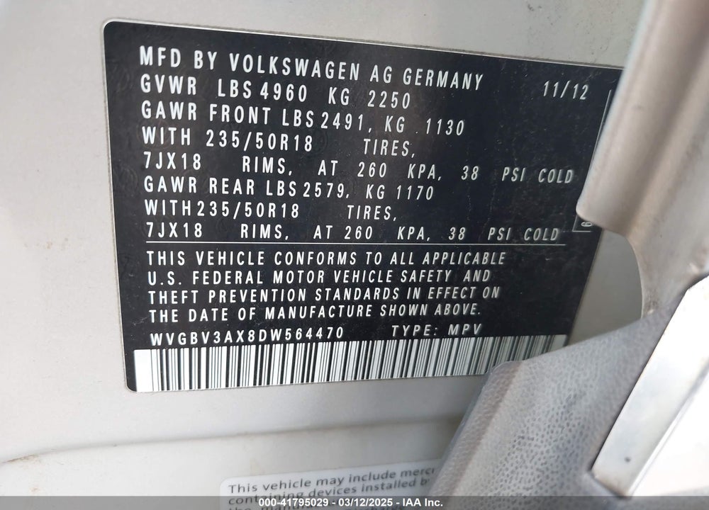 2013 VOLKSWAGEN TIGUAN VIN: WVGBV3AX8DW564470