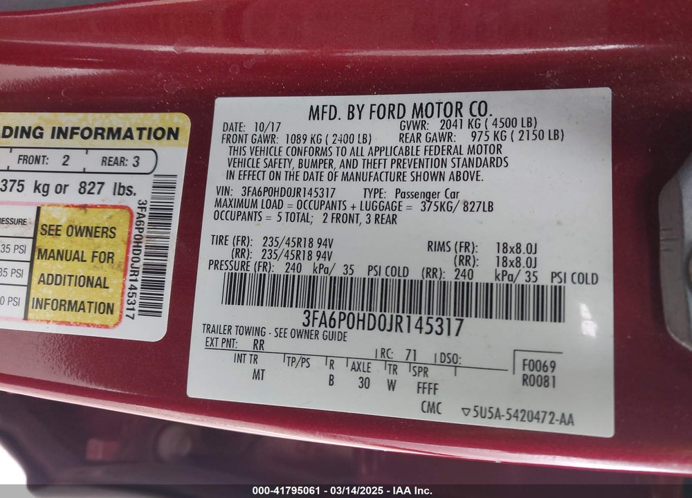 2018 FORD FUSION SE VIN: 3FA6P0HD0JR145317