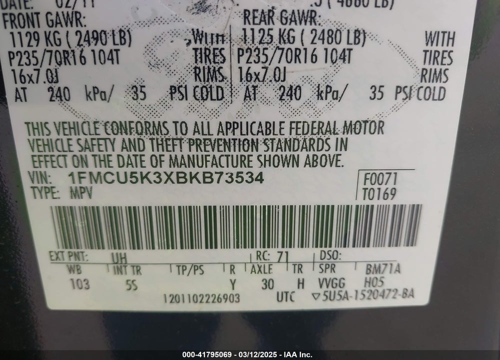 2011 FORD ESCAPE HYBRID VIN: 1FMCU5K3XBKB73534