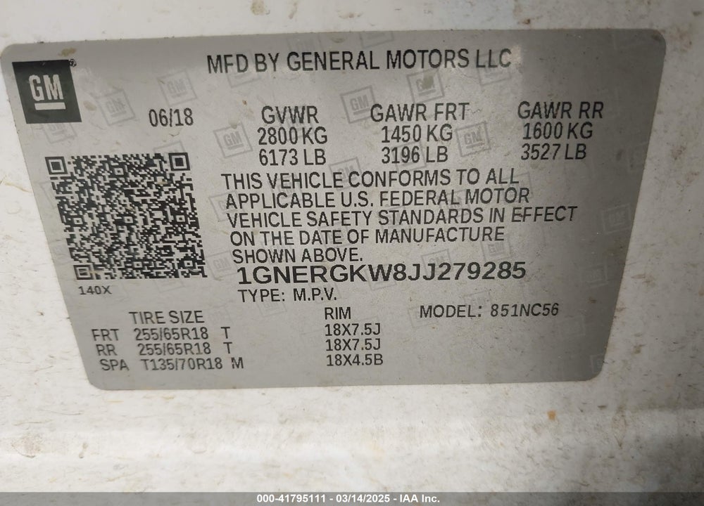 2018 CHEVROLET TRAVERSE 1LT VIN: 1GNERGKW8JJ279285