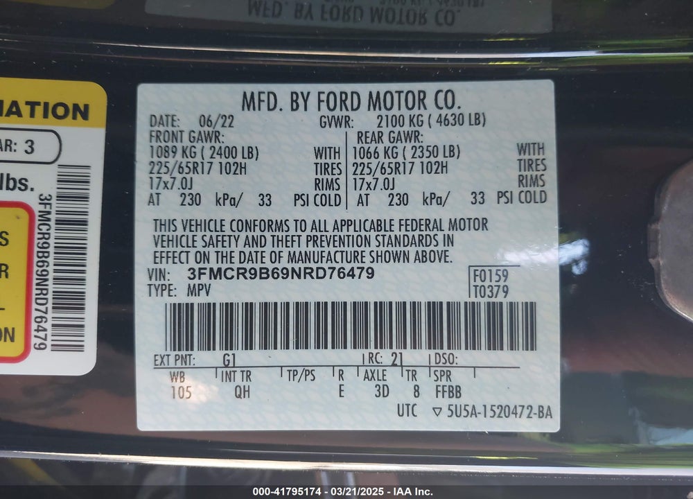 2022 FORD BRONCO SPORT VIN: 3FMCR9B69NRD76479