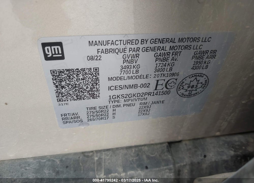 2023 GMC YUKON XL VIN: 1GKS2GKD2PR141500