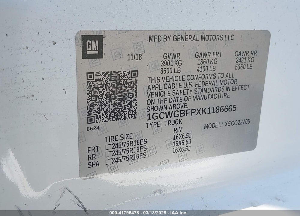 2019 CHEVROLET EXPRESS 2500 VIN: 1GCWGBFPXK1186665