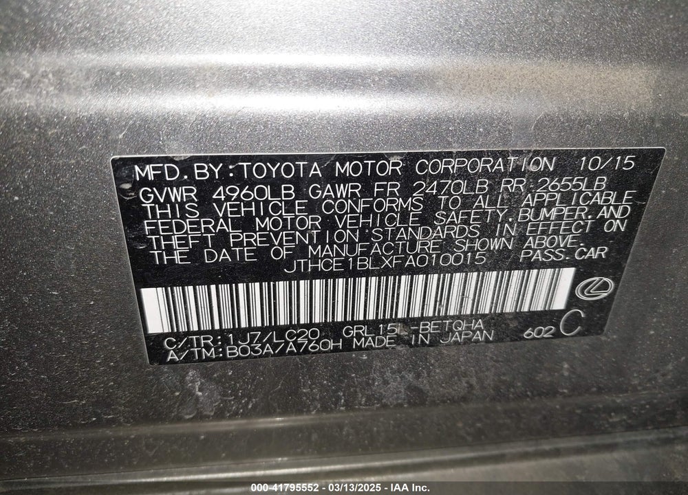 2015 LEXUS GS 350 VIN: JTHCE1BLXFA010015