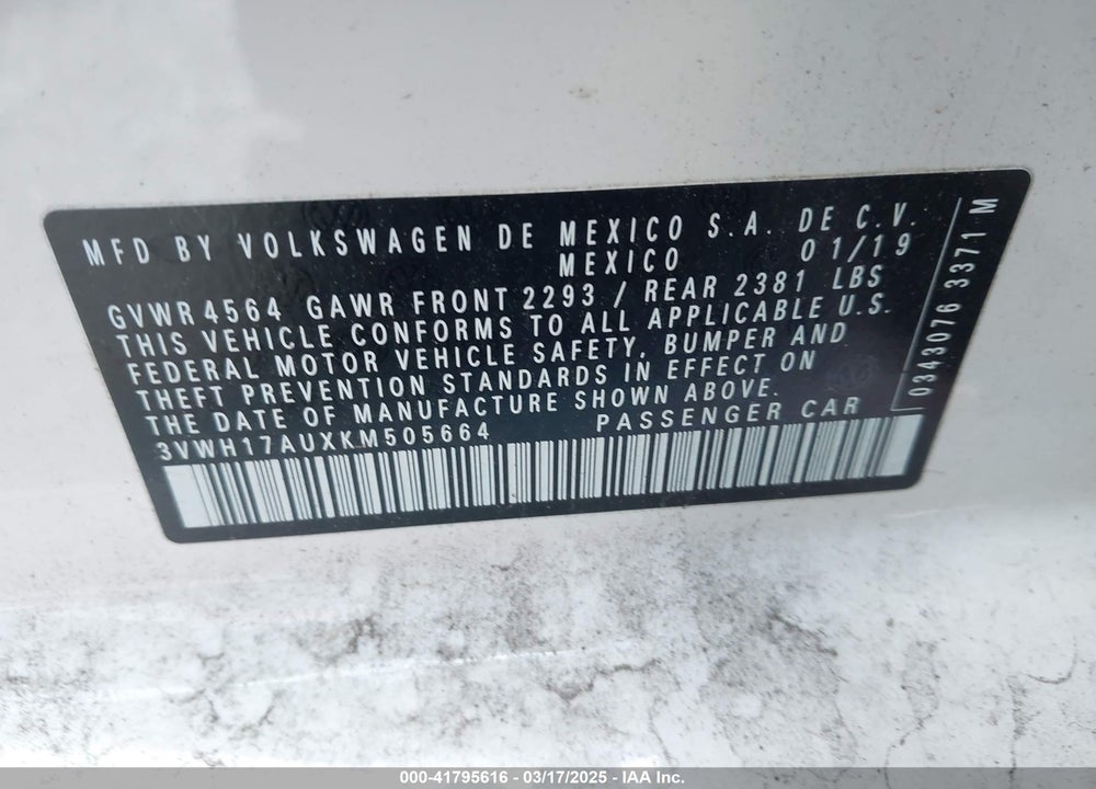 2019 VOLKSWAGEN GOLF ALLTRACK VIN: 3VWH17AUXKM505664