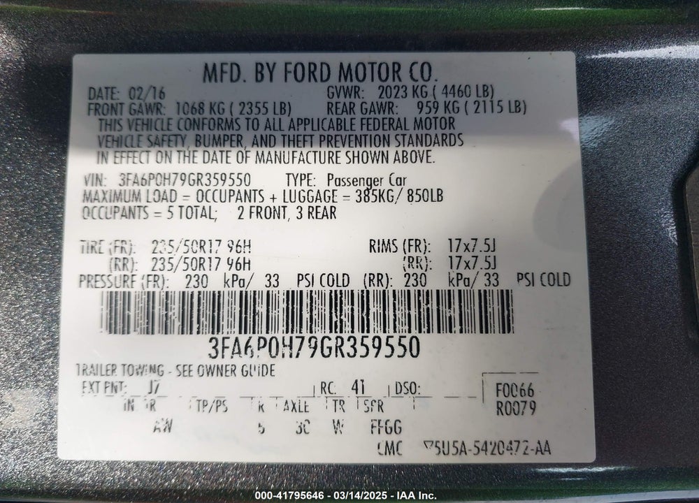 2016 FORD FUSION VIN: 3FA6P0H79GR359550