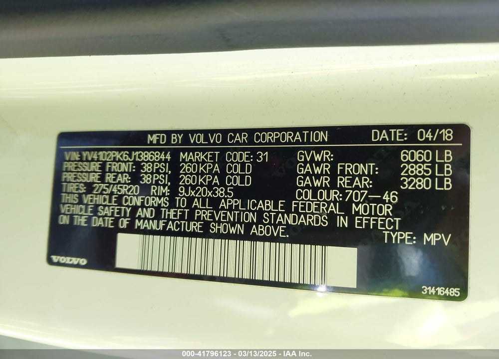 2018 VOLVO XC90 VIN: YV4102PK6J1386844