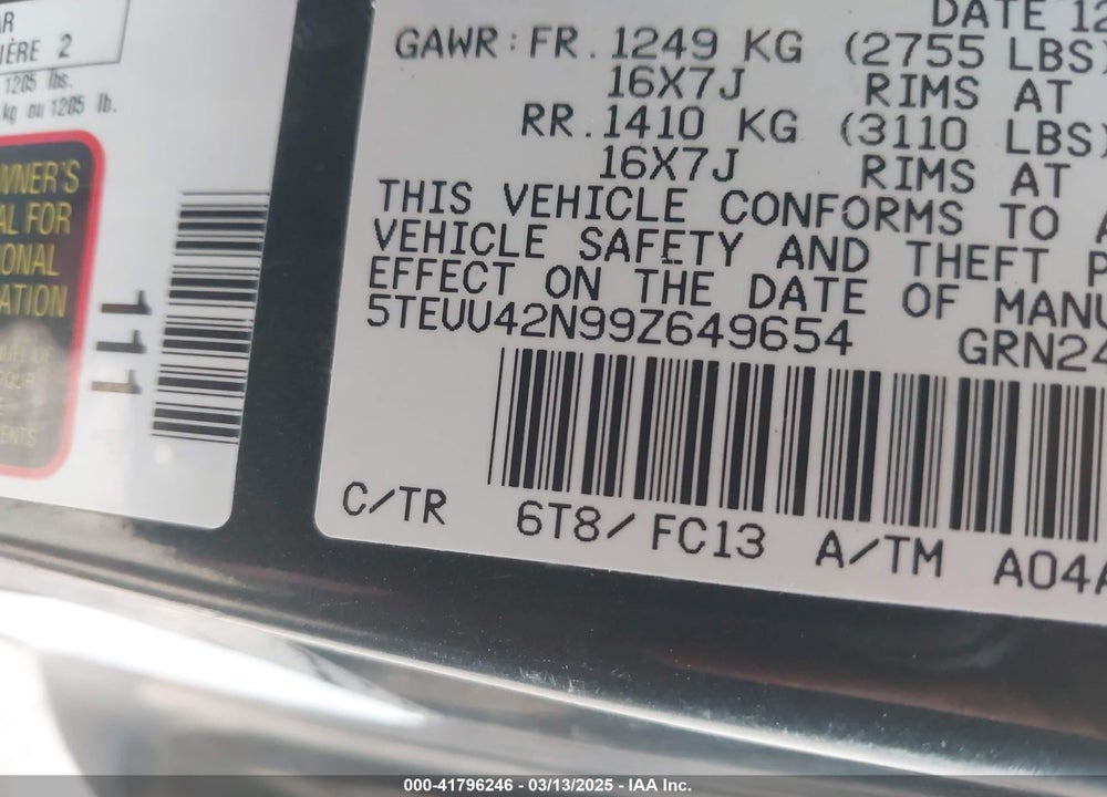 2009 TOYOTA TACOMA VIN: 5TEUU42N99Z649654