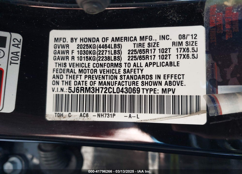 2012 HONDA CR-V VIN: 5J6RM3H72CL043069