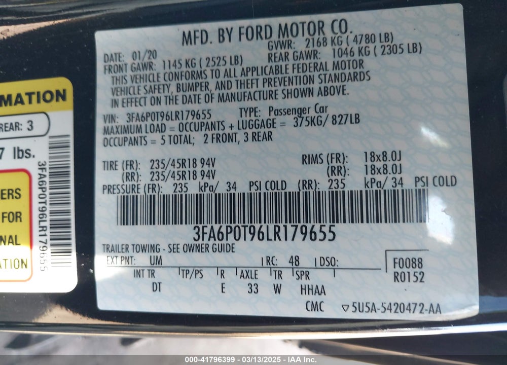 2020 FORD FUSION VIN: 3FA6P0T96LR179655
