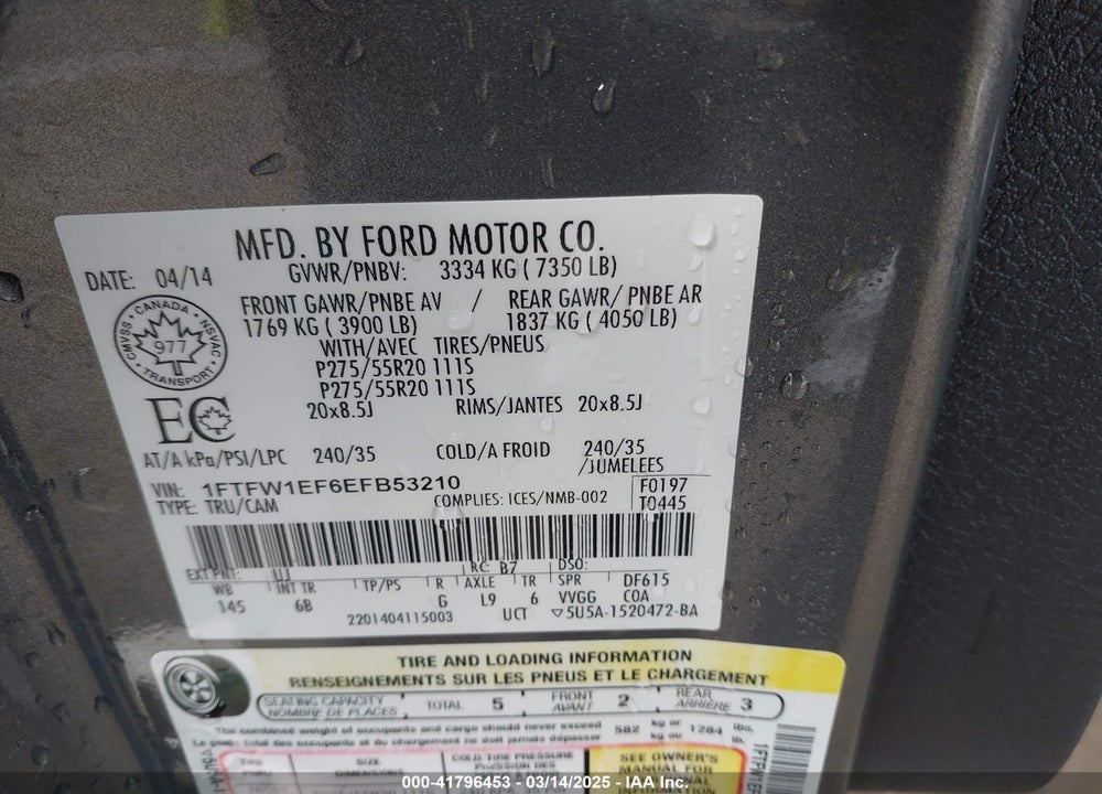2014 FORD F-150 VIN: 1FTFW1EF6EFB53210