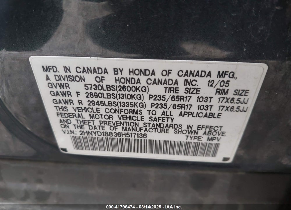 2006 ACURA MDX VIN: 2HNYD18836H517136