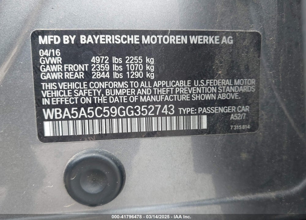2016 BMW 528I VIN: WBA5A5C59GG352743