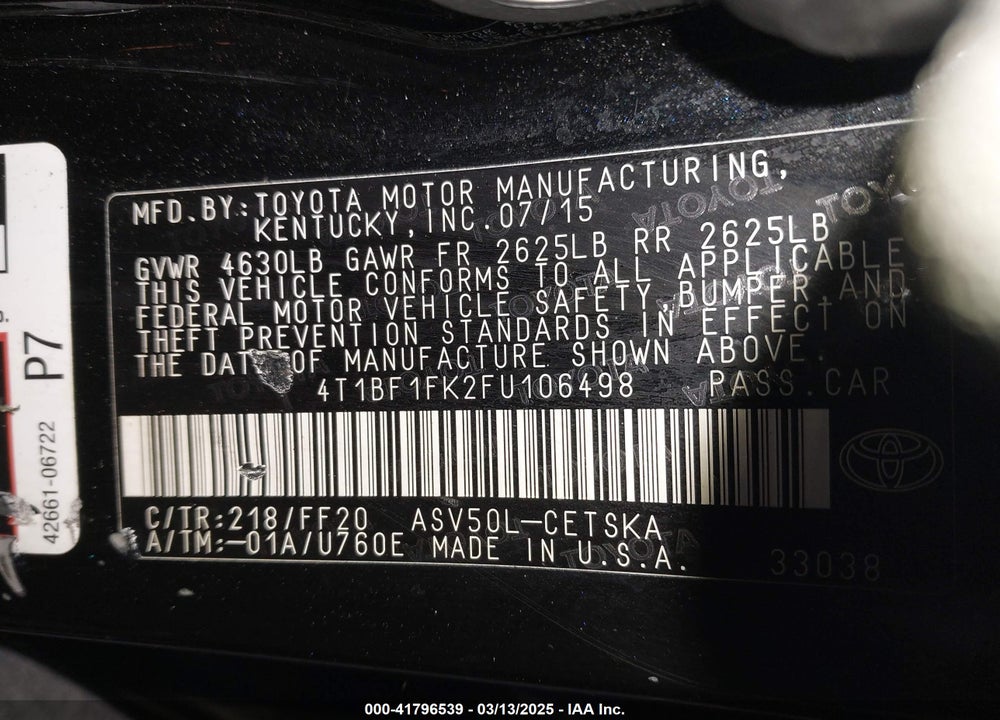 2015 TOYOTA CAMRY VIN: 4T1BF1FK2FU106498