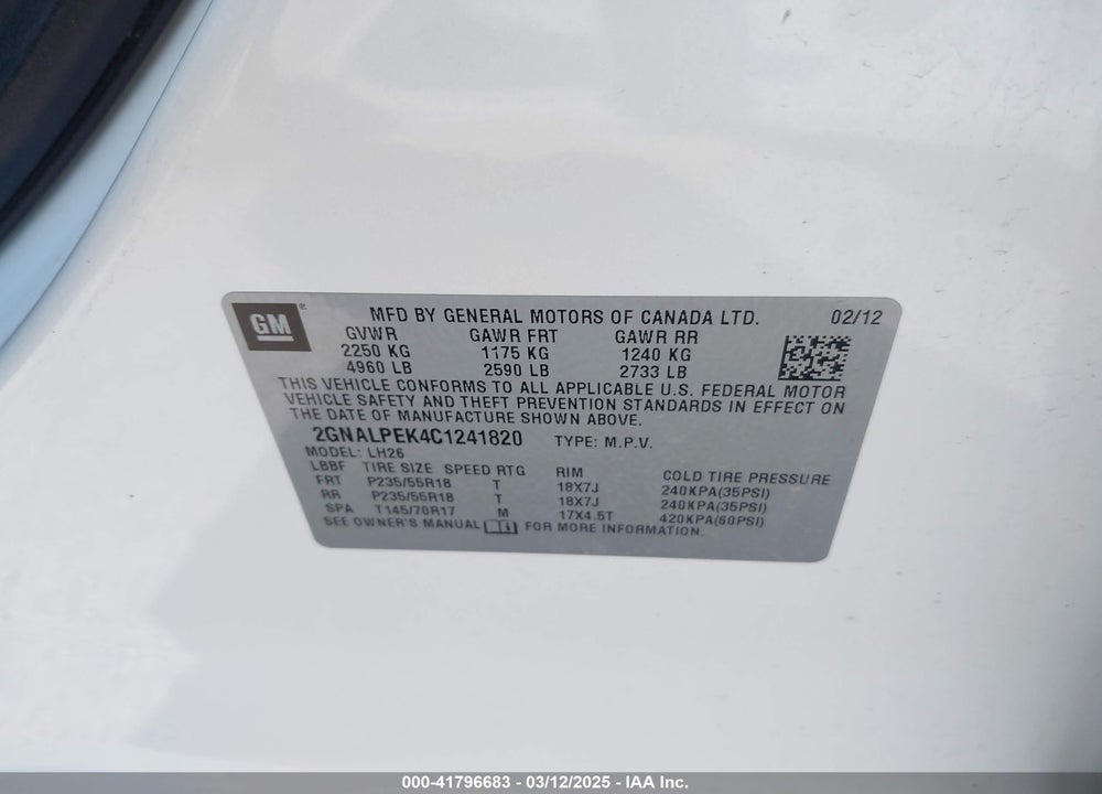 2012 CHEVROLET EQUINOX VIN: 2GNALPEK4C1241820