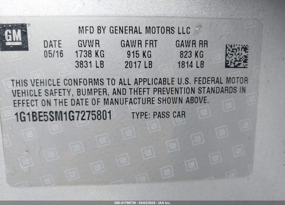 2016 CHEVROLET CRUZE LT AUTO VIN: 1G1BE5SM1G7275801
