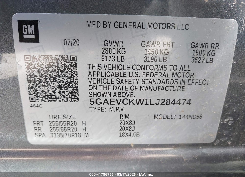 2020 BUICK ENCLAVE VIN: 5GAEVCKW1LJ284474